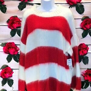 BP Women’s Small Red Ivory Striped Brushed Oversized Pullover Sweater NWT